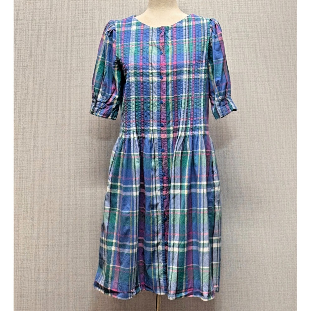 Matti Sport Vintage Plaid Pintuck Puff Sleeve Button Front Midi Dress Blue 12